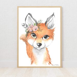 Woodlands girl fox with flower crown watercolour nursery art print on Fabriano paper by Euphoria Artwork