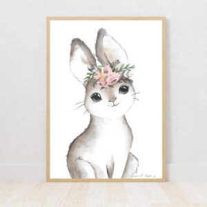 Woodlands girl bunny with flower crown watercolour nursery art print on Fabriano paper by Euphoria Artwork