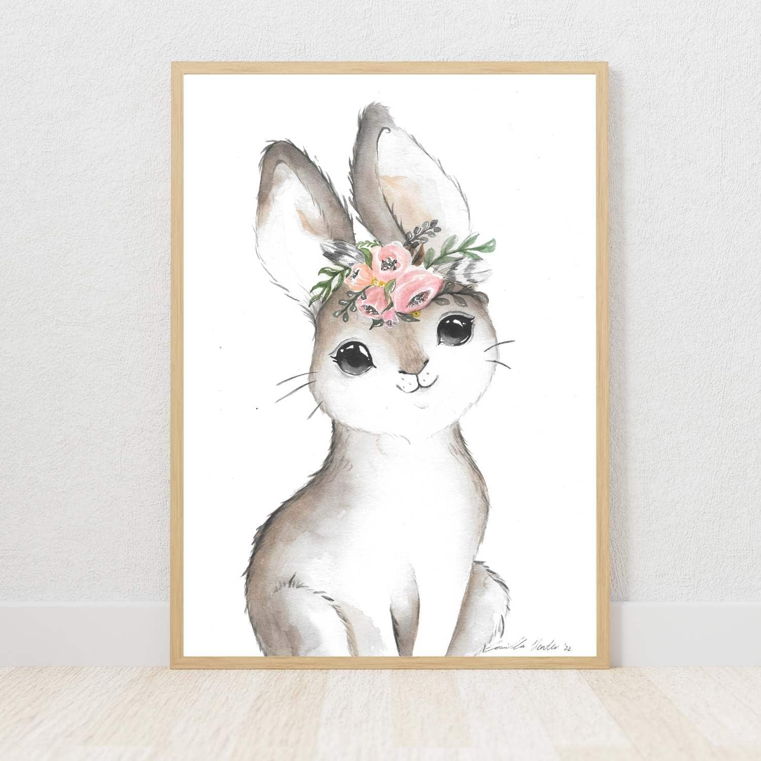 Woodlands girl bunny with flower crown watercolour nursery art print on Fabriano paper by Euphoria Artwork