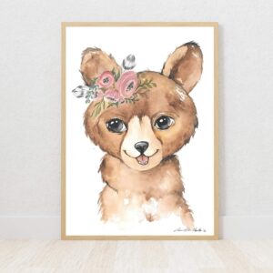 Woodlands girl bear with flower crown watercolour nursery art print on Fabriano paper by Euphoria Artwork