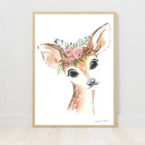 Woodlands girl deer with flower crown watercolour nursery art print on Fabriano paper by Euphoria Artwork