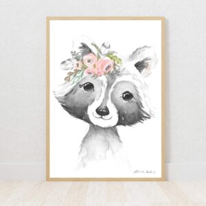 Woodlands girl raccoon with flower crown watercolour nursery art print on Fabriano paper by Euphoria Artwork