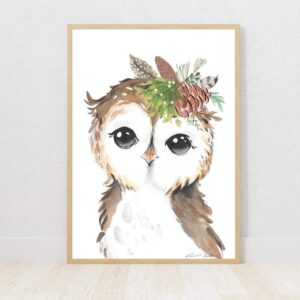 Woodlands boy owl watercolour nursery art print on Fabriano paper by Euphoria Artwork