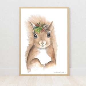 Woodlands Boy Squirrel watercolour nursery art prints on Fabriano cotton paper by Euphoria Artwork