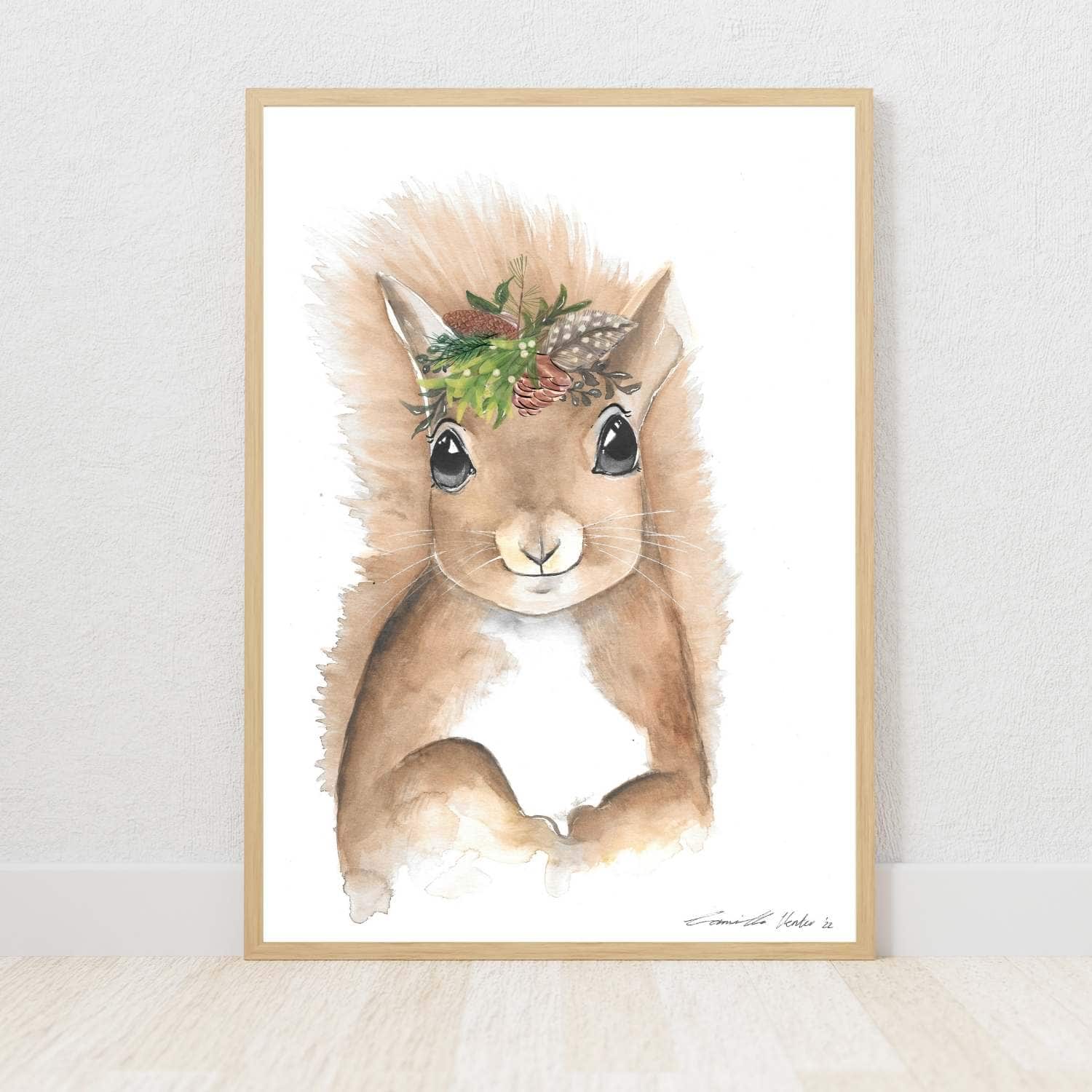 Woodlands Boy Squirrel watercolour nursery art prints on Fabriano cotton paper by Euphoria Artwork