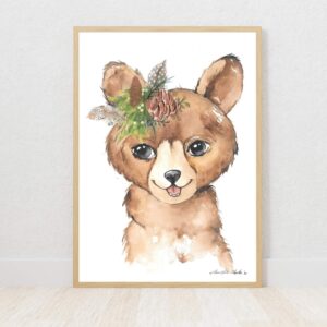 Woodlands boy bear watercolour nursery art print on Fabriano paper by Euphoria Artwork