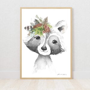 Woodlands boy raccoon watercolour nursery art print on Fabriano paper by Euphoria Artwork