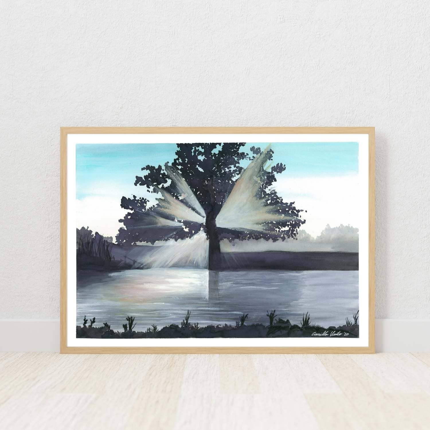 Dusky Rays landscape watercolor painting of tree silhouette at waters edge with golden sun rays by Euphoria Artwork