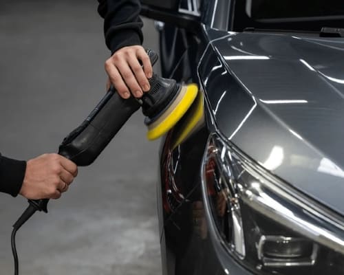 Car being polished with a buffer for a smooth, shiny finish.