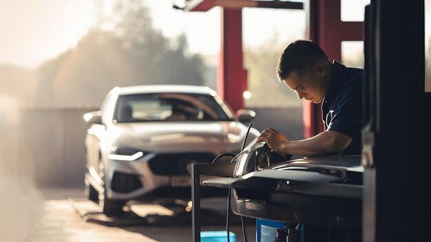 Man cleaning a luxury car's exterior at a detailing station.