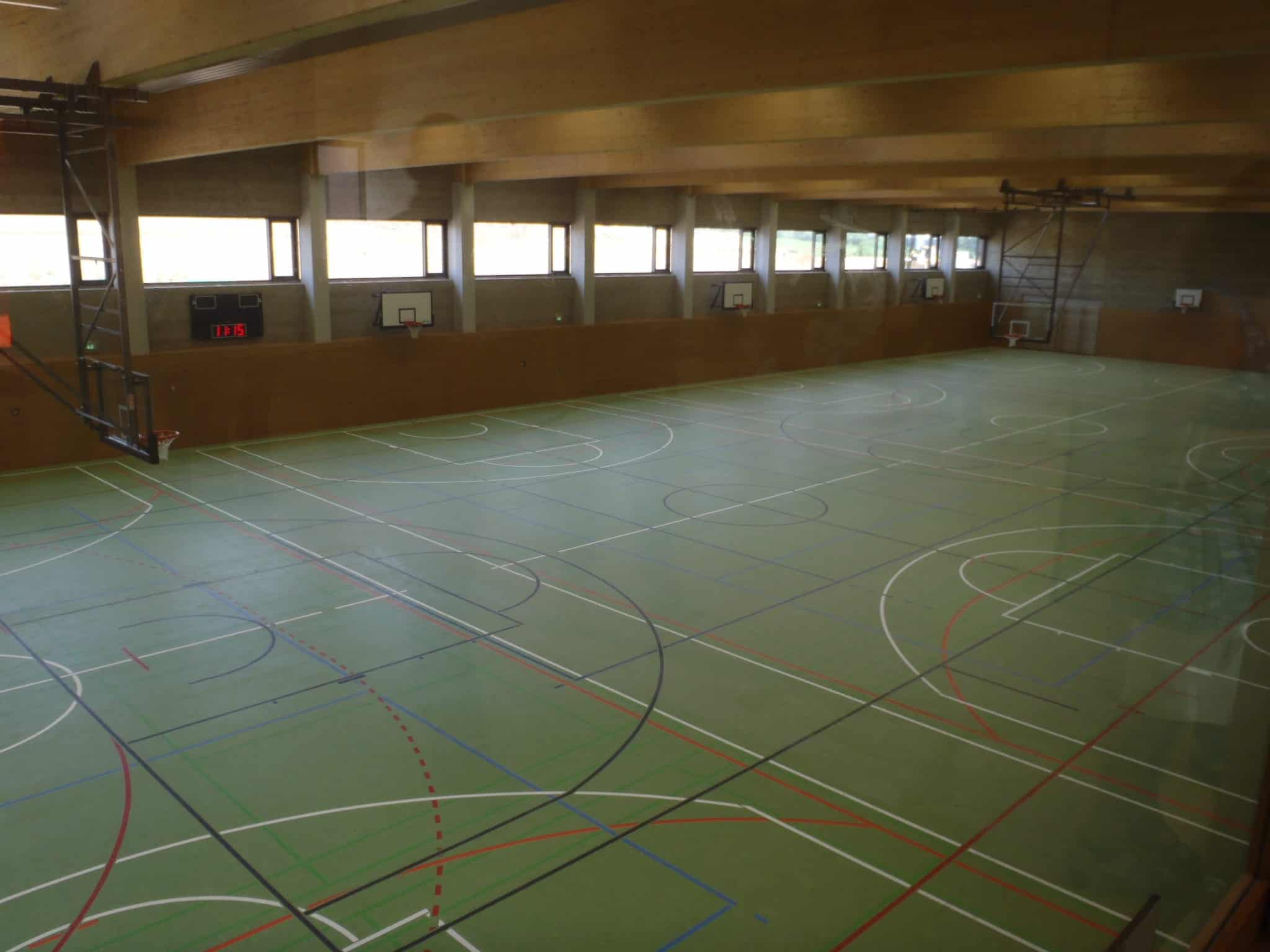 a indoor sports court with a green floor