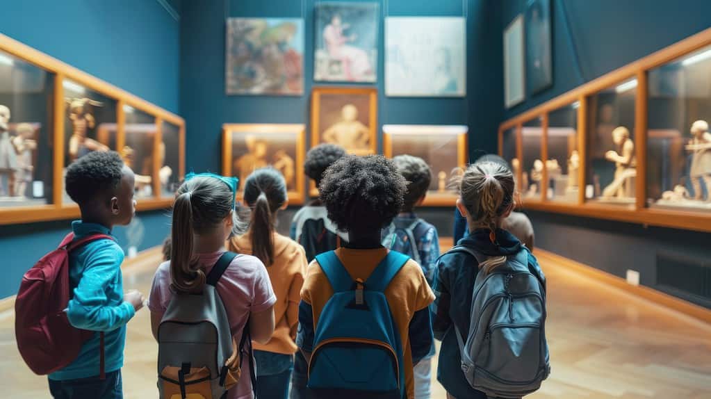 a group of children looking at a group of paintings