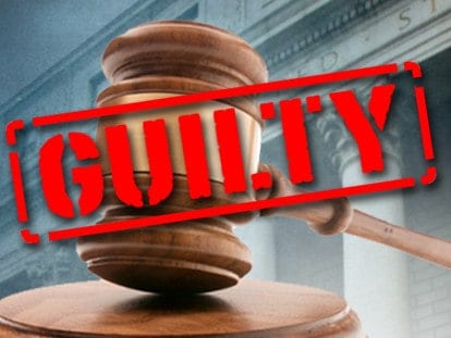 Guilty text with the background picture of a judge's gavel