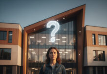Person standing before modern building entrance.