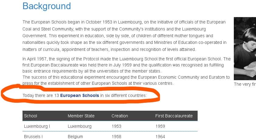 Screen shot from the office of secretary general of European school from 27.01.2023 stating that there are 13 European schools.