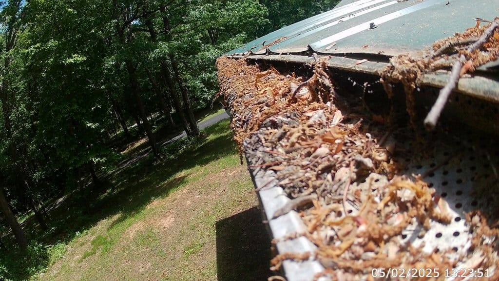 Close-up of a gutter clogged with leaves and debris in Cincinnati, Kentucky.