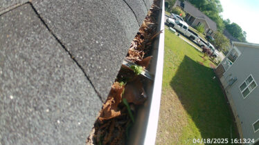 Close-up of gutter with leaves and debris, showcasing clog prevention.