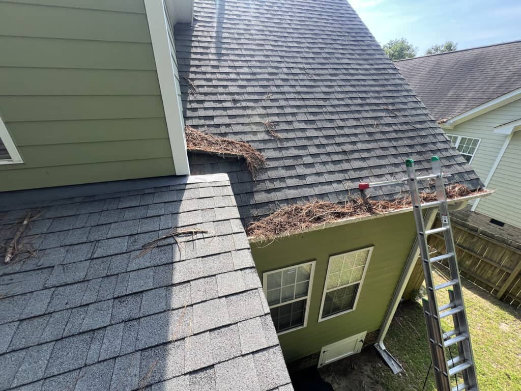 Close-up of a clean, clog-free gutter system on a residential home in Kentucky.