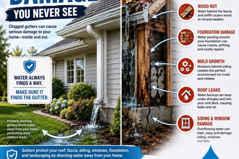 Split infographic: left side shows a house with a gutter and the headline 'The Hidden Damage You Never See' about clogged gutters; right side shows gutter damage causes and a diagram with arrows and icons for wood rot, foundation damage, mold growth, roof leaks, and siding damage.