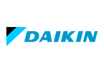Daikin logo featuring the brand name in blue letters with a blue and black dynamic shape on the left.