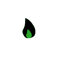 A black flame with a green center on a solid green background.