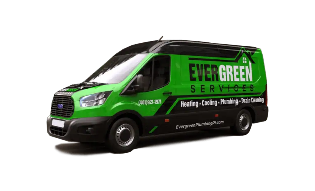 Green and black van with "Evergreen Services" logo, offering heating, cooling, plumbing, and drain cleaning services. Contact details and website are displayed on the side.