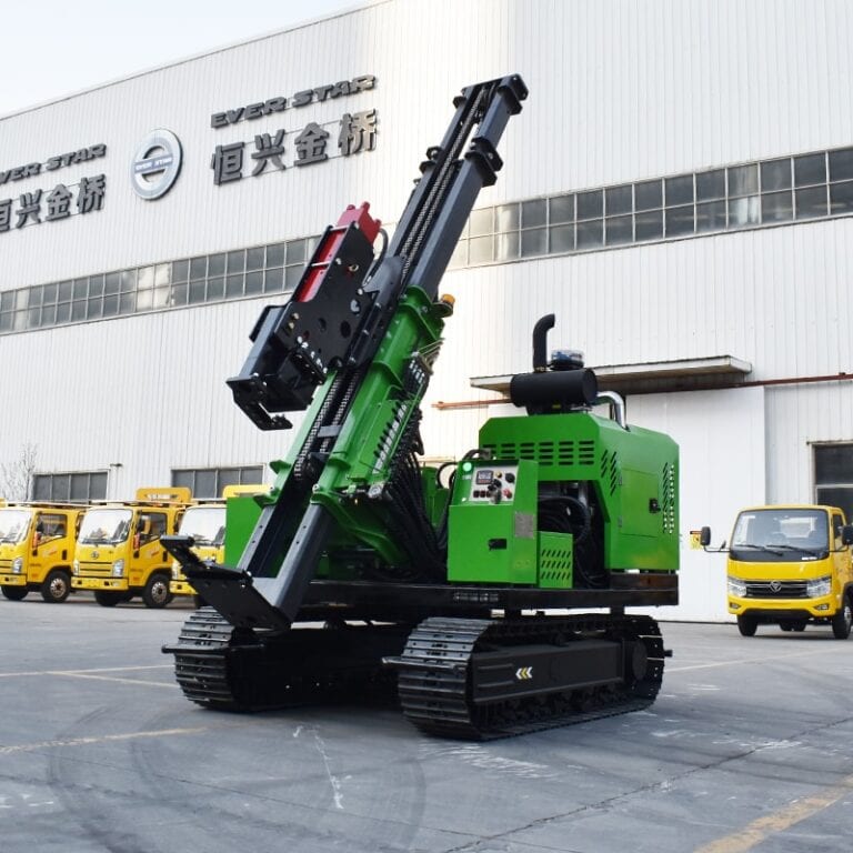 The operator uses a remote control to operate an Everstar solar piling machine