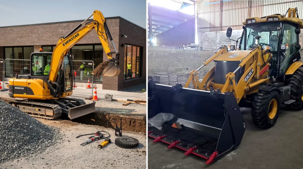 Excavator and a backhoe loader engaged in different projects