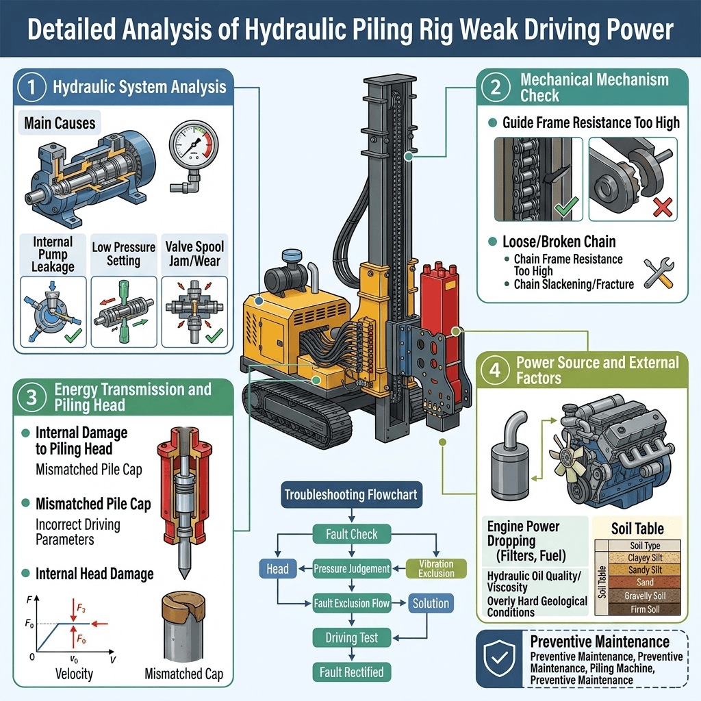 Detailed analysis of hydraulic piling rig weak driving power.