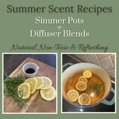 Feature image for summer scent recipes blog post showing lemon rosemary simmer pot ingredients and a steaming Dutch oven—natural home fragrance ideas.