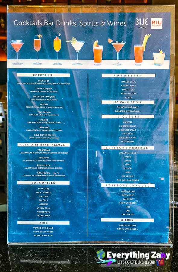 Drinks Menu at the Hotel RIU Tikida Garden in Marrakech