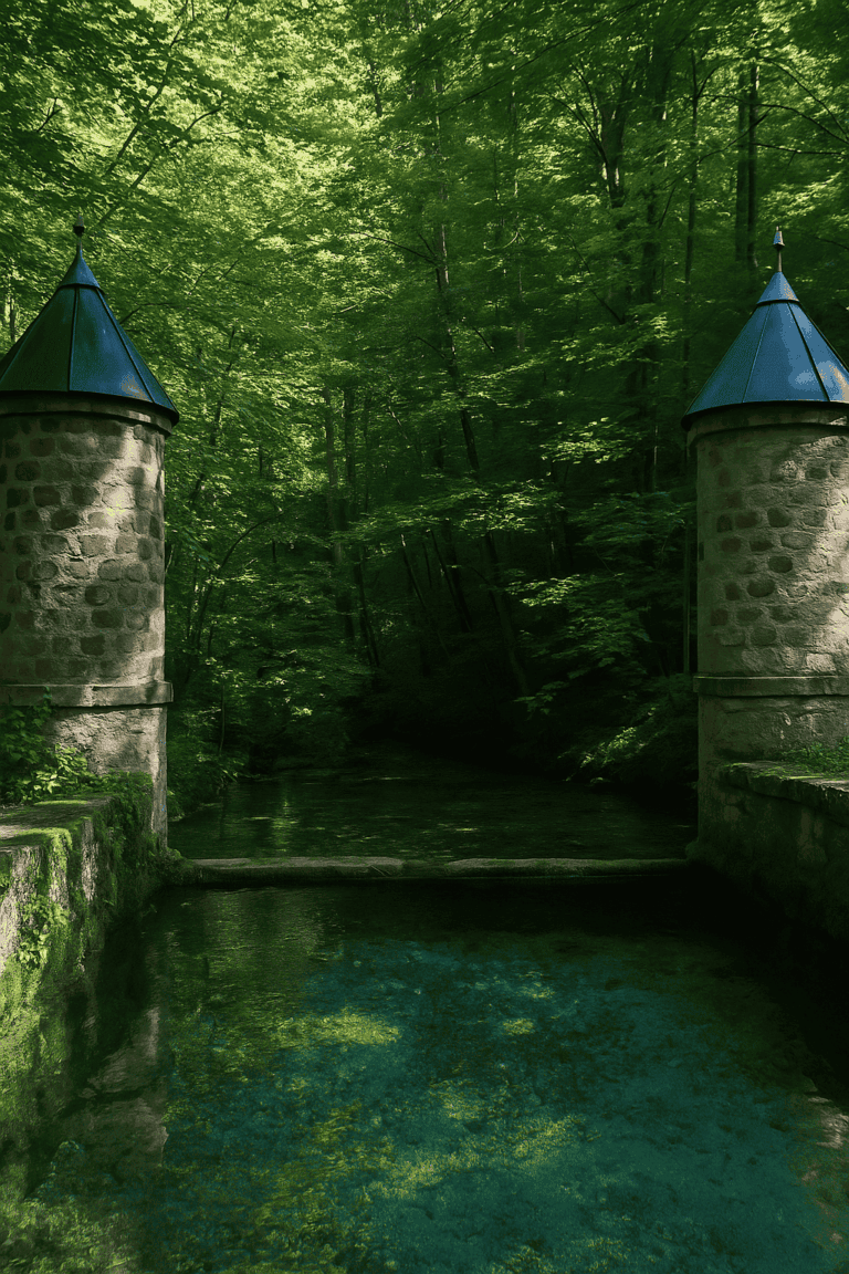 Storica sorgente carsica di origine Andritz nei pressi di Graz, fiancheggiata da due torri con tetti a punta, circondata da un fitto bosco e da una limpida acqua sorgiva.