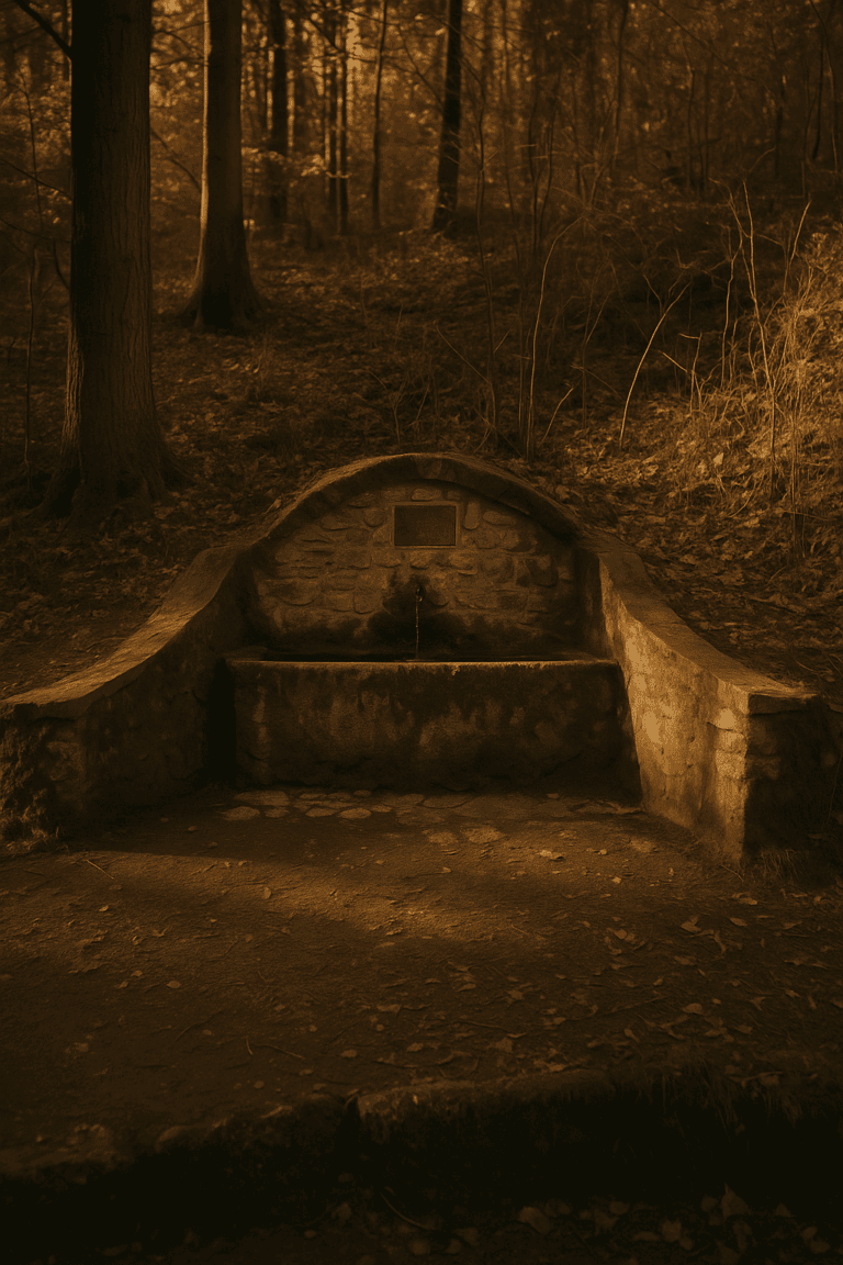Annenbründl in Graz-Gösting in the autumnal forest, moss-covered stone fountain with babbling spring - quiet resting place on the hiking trail.