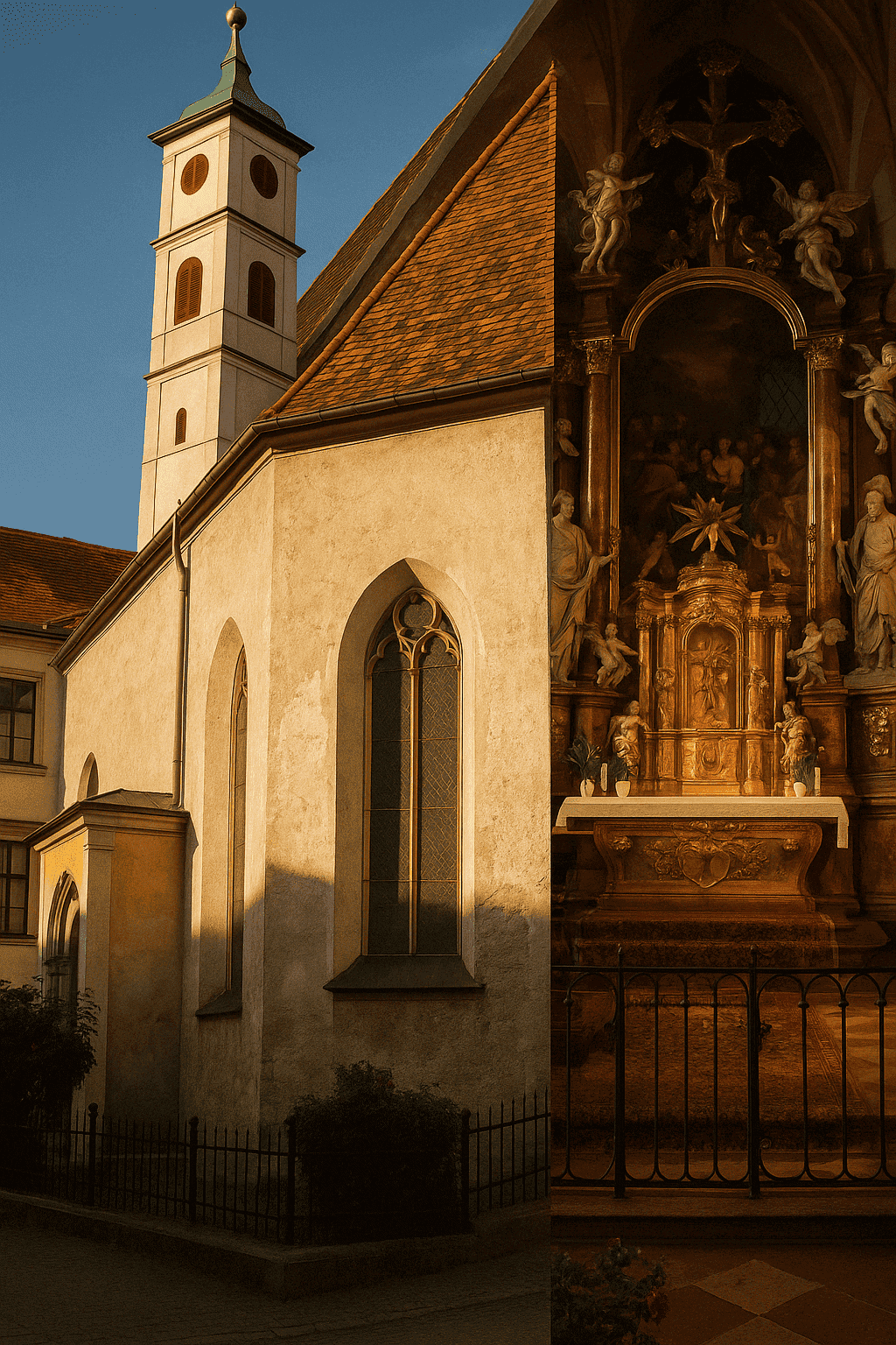 Exterior and interior view of the Bürgerspitalkirche Graz in warm light - on the left the Gothic exterior façade with pointed arch windows and church tower, on the right the Baroque high altar with gold-decorated structure and angel figures