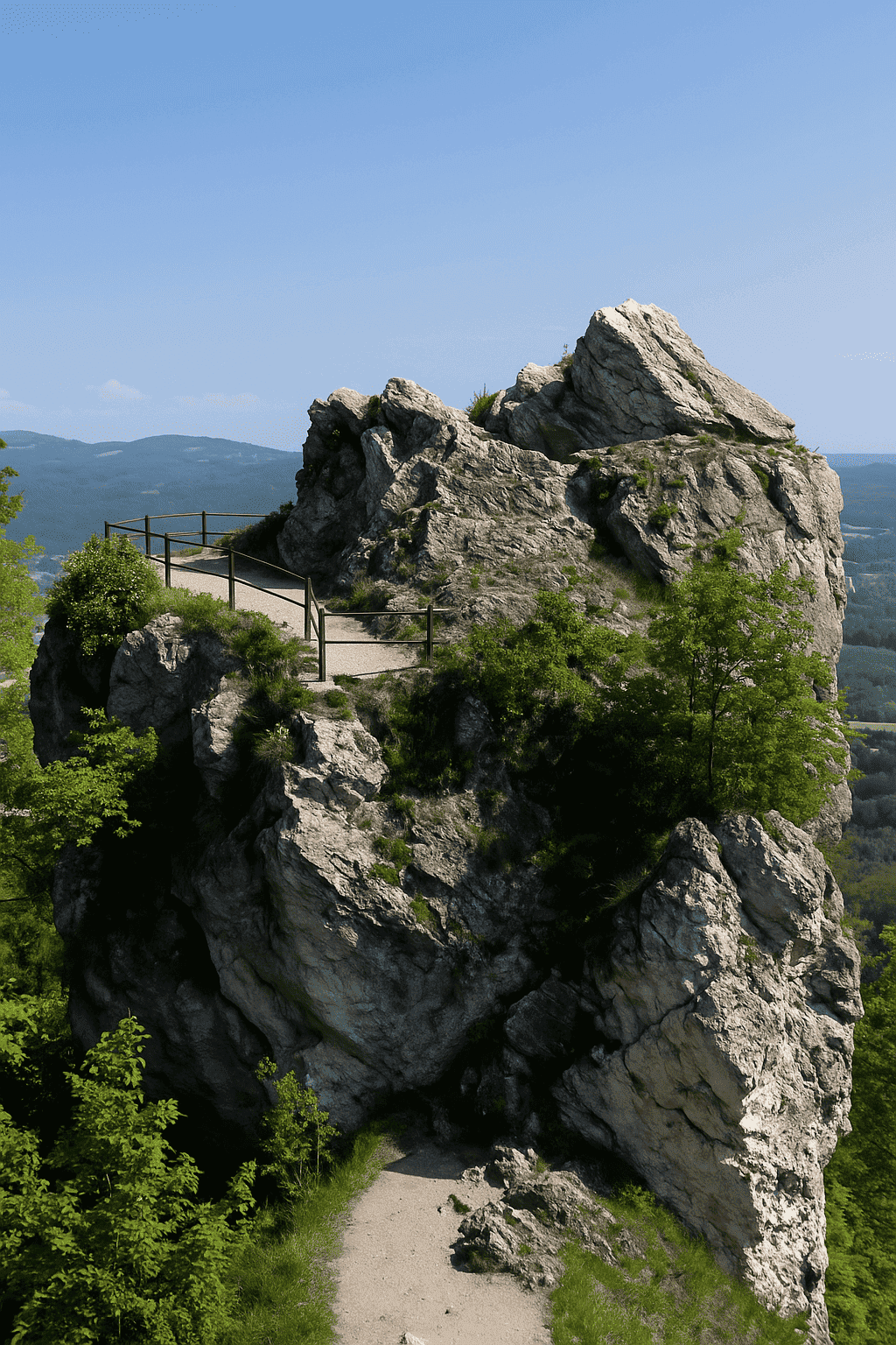 Jungfernsprung viewing rock in Graz-Gösting on a sunny day, surrounded by forest - a mystical place with a wide view of the Mur valley.