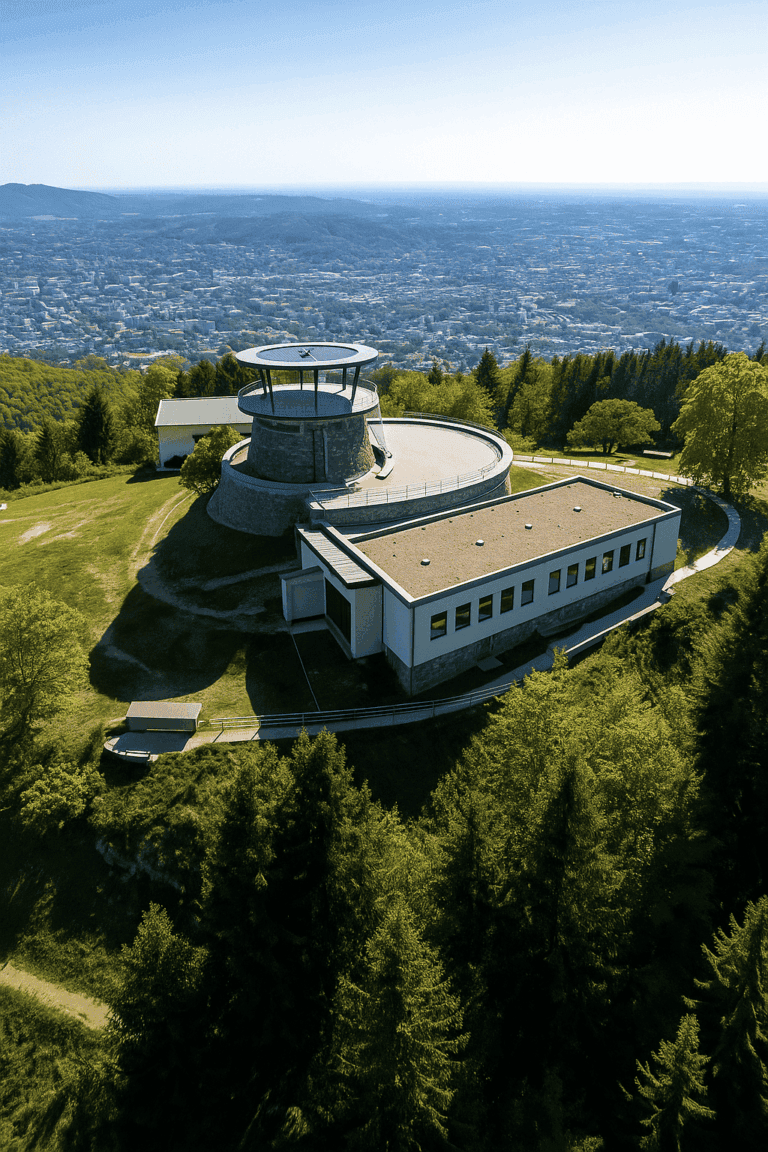 Fürstenstand viewing platform on the Plabutsch in Graz-Gösting, modern design, with a view over the city and surrounded by woods and meadows.