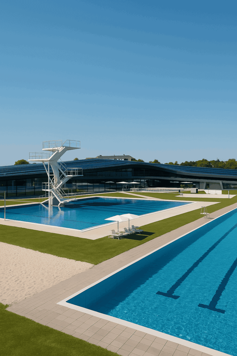Az Auster Graz szabadtéri területe búvártoronnyal, sportmedencével és modern építészettel a kék égen.
