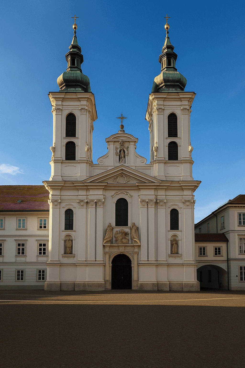 Grazi barokk Mariahilfer-templom két hagymakupolával és díszesen díszített homlokzattal, nappali fényben, a tér oldaláról fényképezve