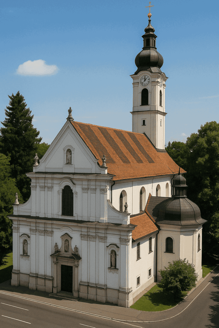 Baročna župnijska cerkev svetega Andraža v Gradcu-Gries, posneta s sprednje strani pri dnevni svetlobi, z belo fasado, streho iz rdečih strešnikov in presenetljivo čebulno kupolo, obdana z drevesi in mirno ulično ureditvijo