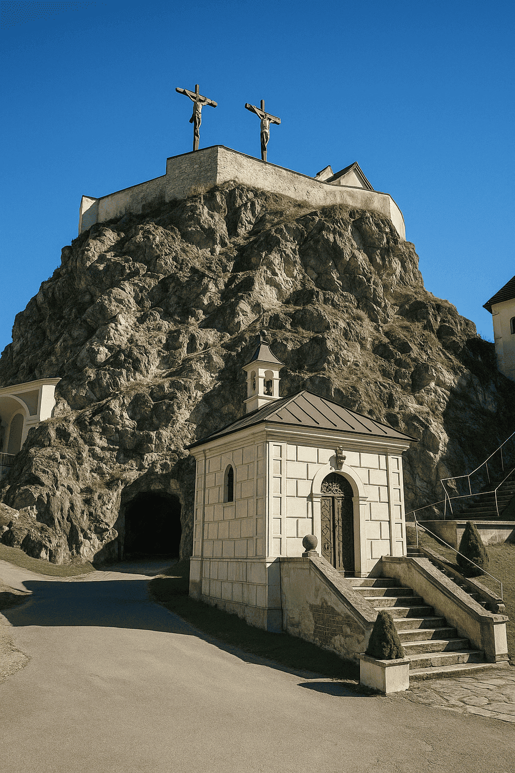 Calvario barroco en Graz con formación rocosa y complejo de capillas, en el centro se encuentra una pequeña iglesia con escalones, al fondo tres cruces en la cima del Austein bajo un cielo azul