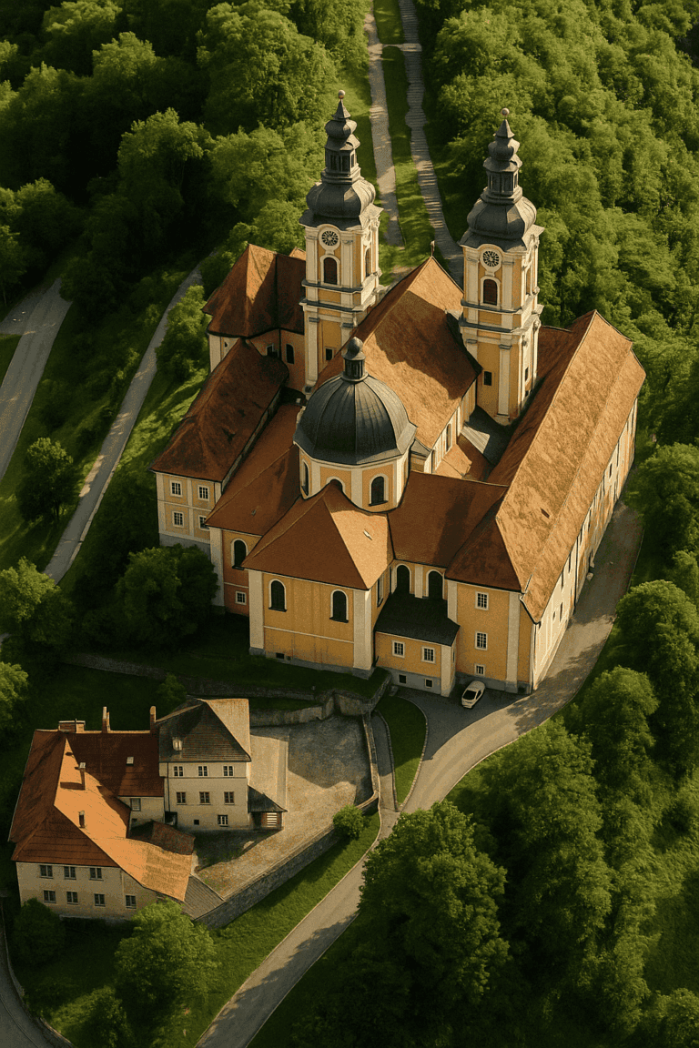 Veduta aerea della basilica barocca Mariatrost di Graz-Mariatrost, immersa in un verde lussureggiante e ben visibile: le suggestive cupole a cipolla, l'imponente navata centrale e la scalinata dell'Angelus che conduce al santuario - un punto di osservazione spirituale sopra la città.
