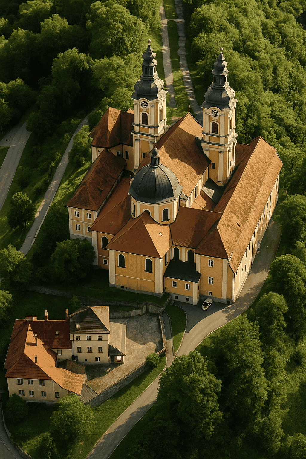 Aerial view of the baroque basilica Mariatrost in Graz-Mariatrost, embedded in lush greenery and clearly visible: the striking onion domes, the imposing nave and the Angelus staircase leading up to the pilgrimage church - a spiritual vantage point above the city.