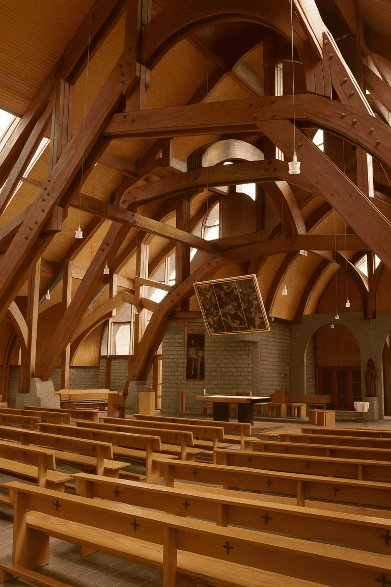 Interior of the Bruder Klaus Church in Graz-Ries with its striking wooden beam construction, modern light sources and simple altar - an architecturally unusual sacred space in a quiet suburban location.