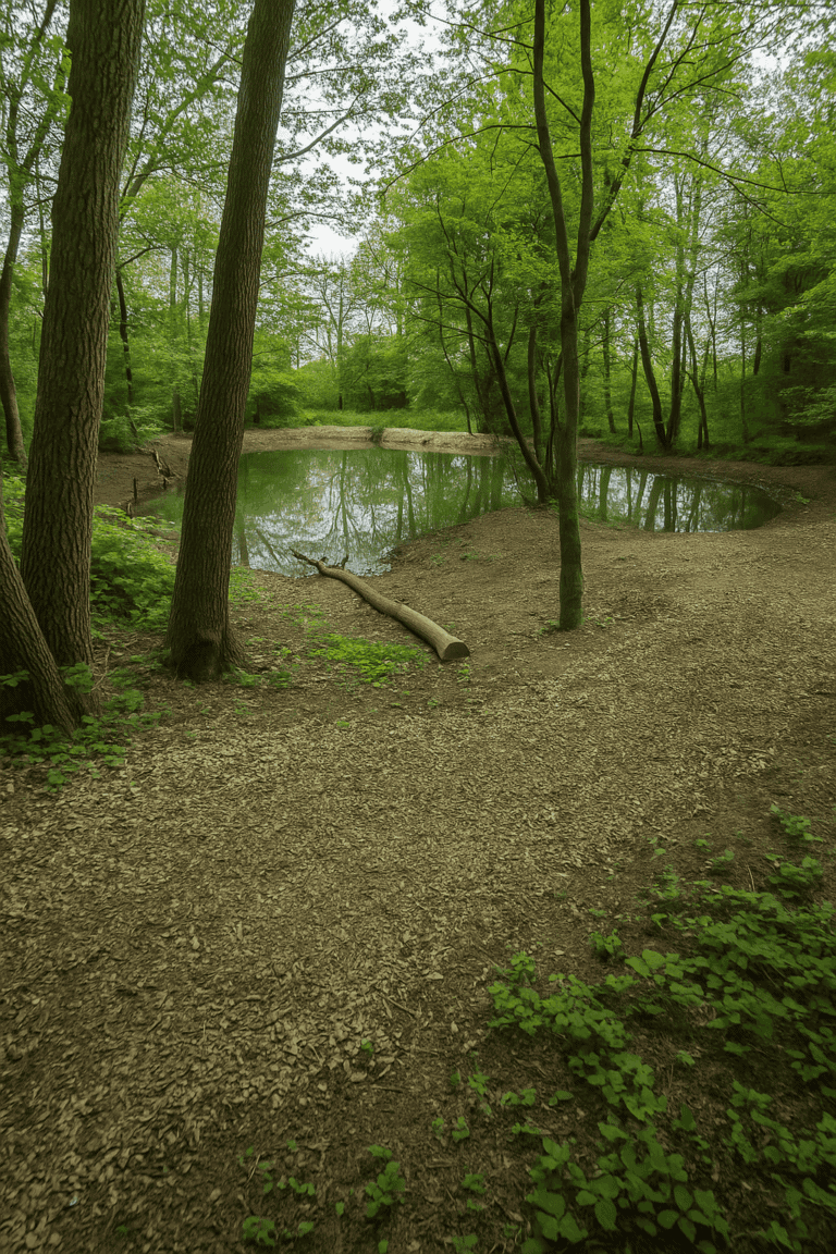 Forest path along the Bründlteiche ponds in Graz-Straßgang with a view of a quiet pond and a dense green deciduous forest backdrop.