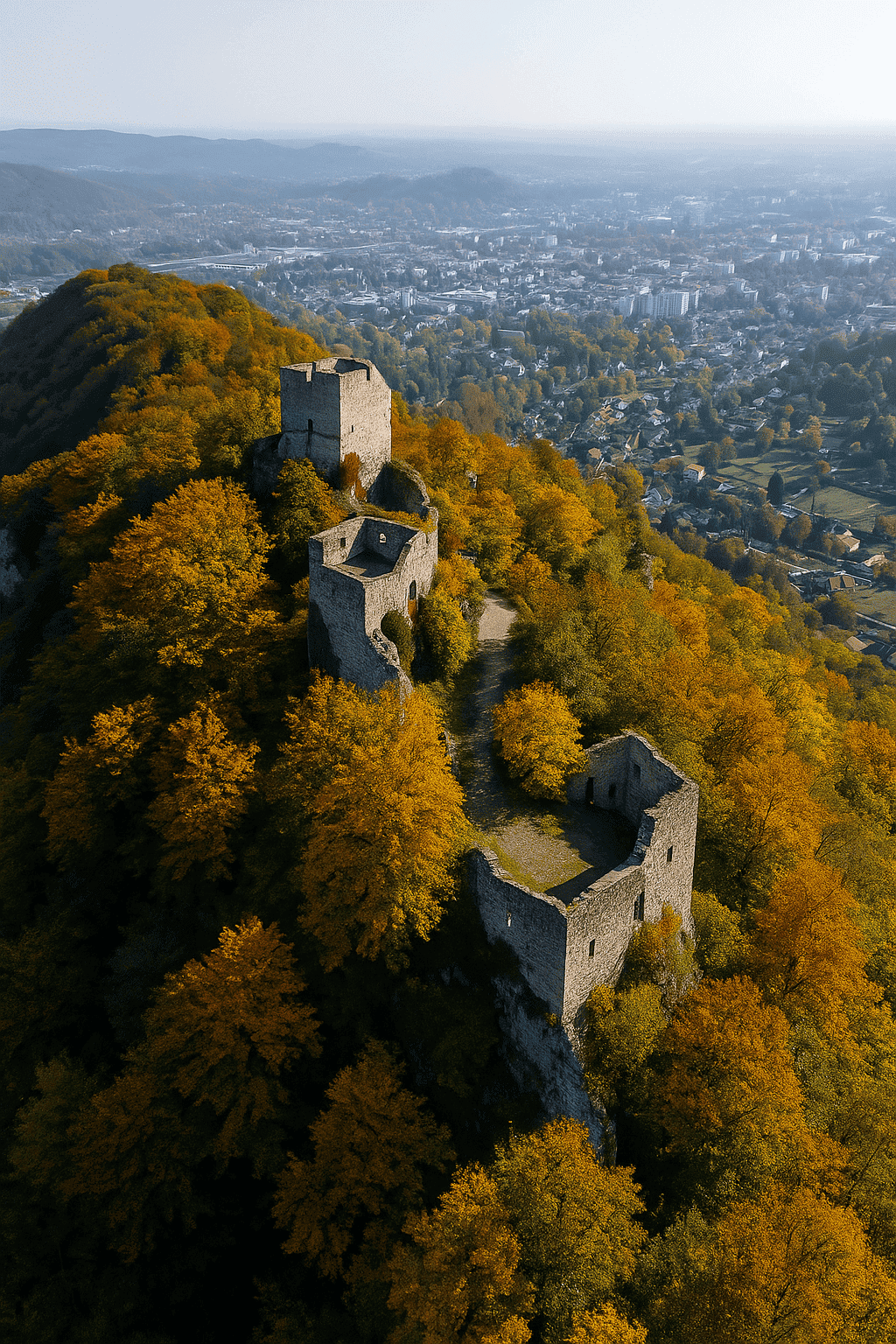 Castle ruins Gösting in autumn from the air, surrounded by forest, with a view over Graz - historical excursion destination in the district Gösting.