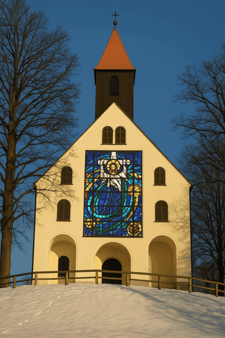 Facade of Christkönigskirche Graz-Wetzelsdorf with colourful stained glass window, winter atmosphere and calm lighting mood