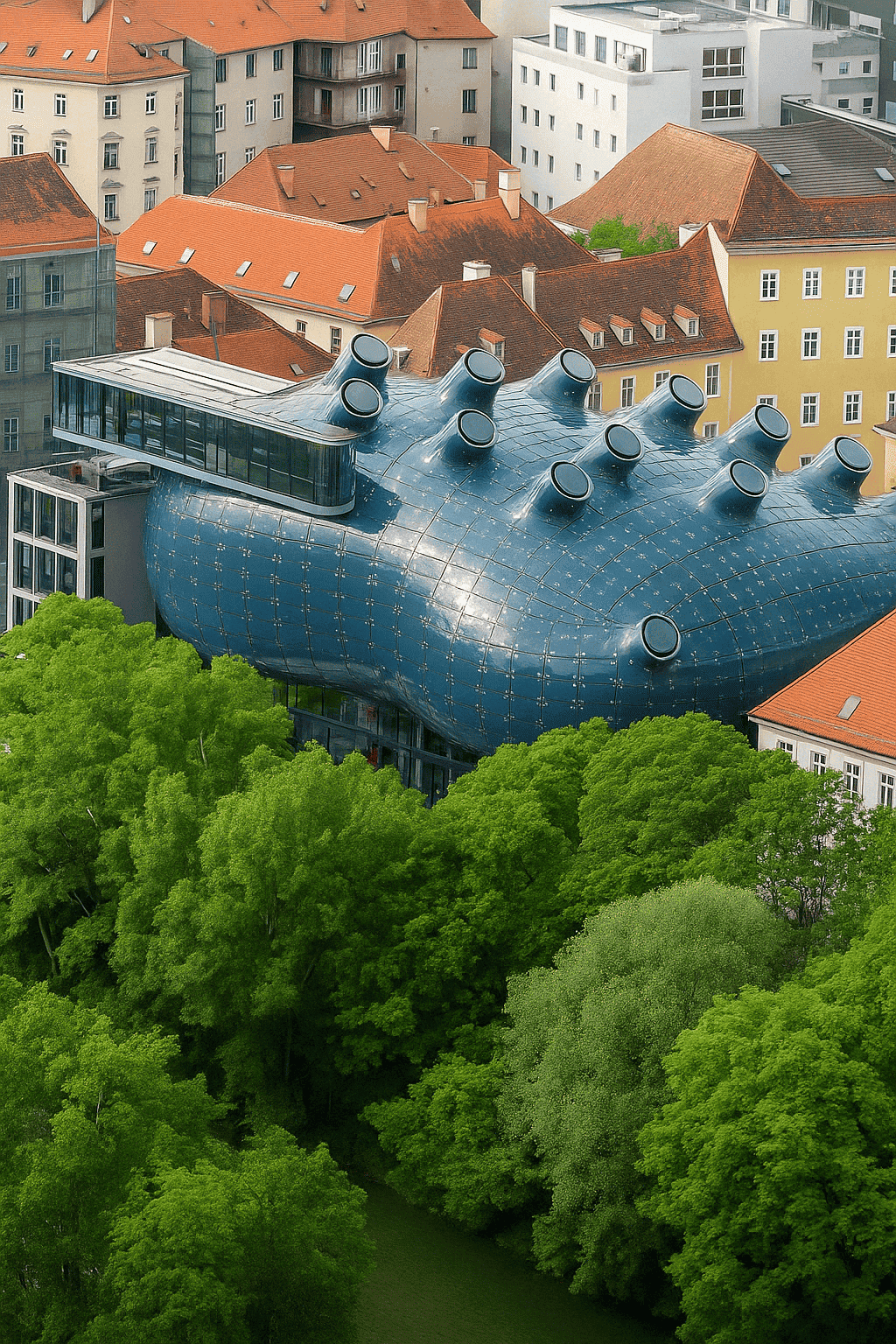 Futurisztikus Kunsthaus Graz kék, organikusan formált homlokzattal és tetőablak kupolákkal, zöld fák és régi, piros tetős épületek között, Graz városrészben Lend