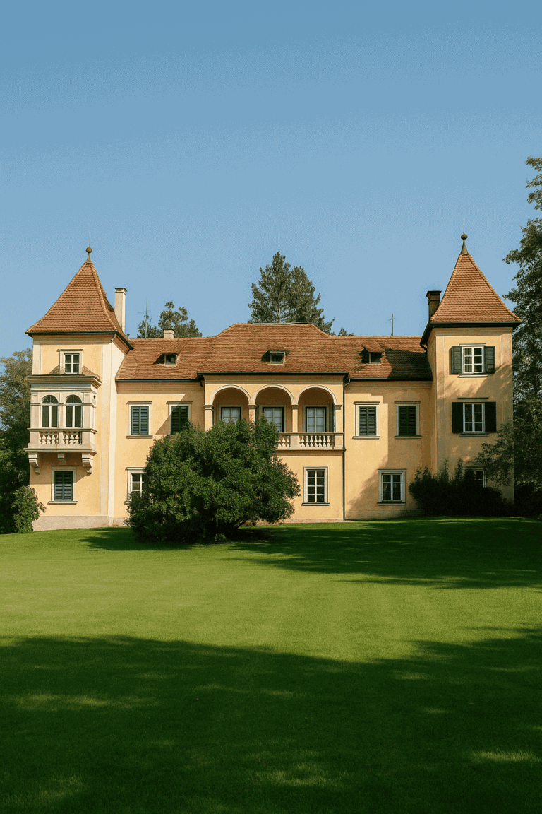 Hallerschloss v Gradcu-Waltendorf – baročni grad z markantnimi stolpi, rumenim pročeljem in urejenim grajskim parkom, vpet v mirno območje vil na Ruckerlbergu.