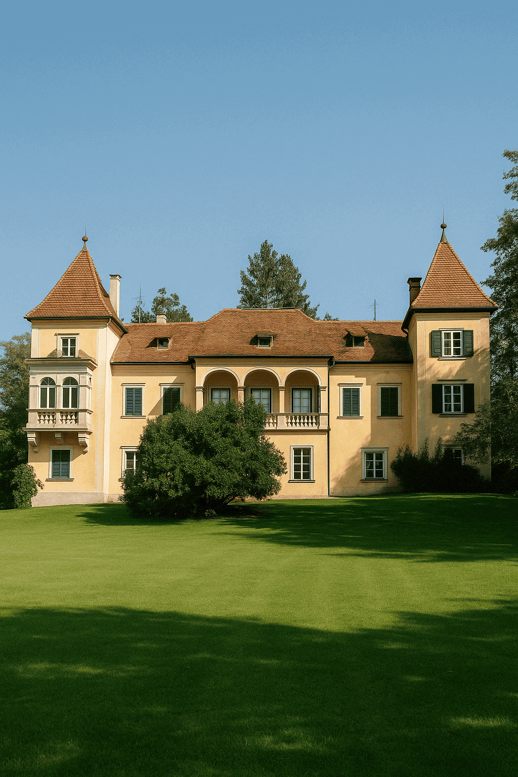 Hallerschloss v Gradcu-Waltendorf – baročni grad z markantnimi stolpi, rumenim pročeljem in urejenim grajskim parkom, vpet v mirno območje vil na Ruckerlbergu.