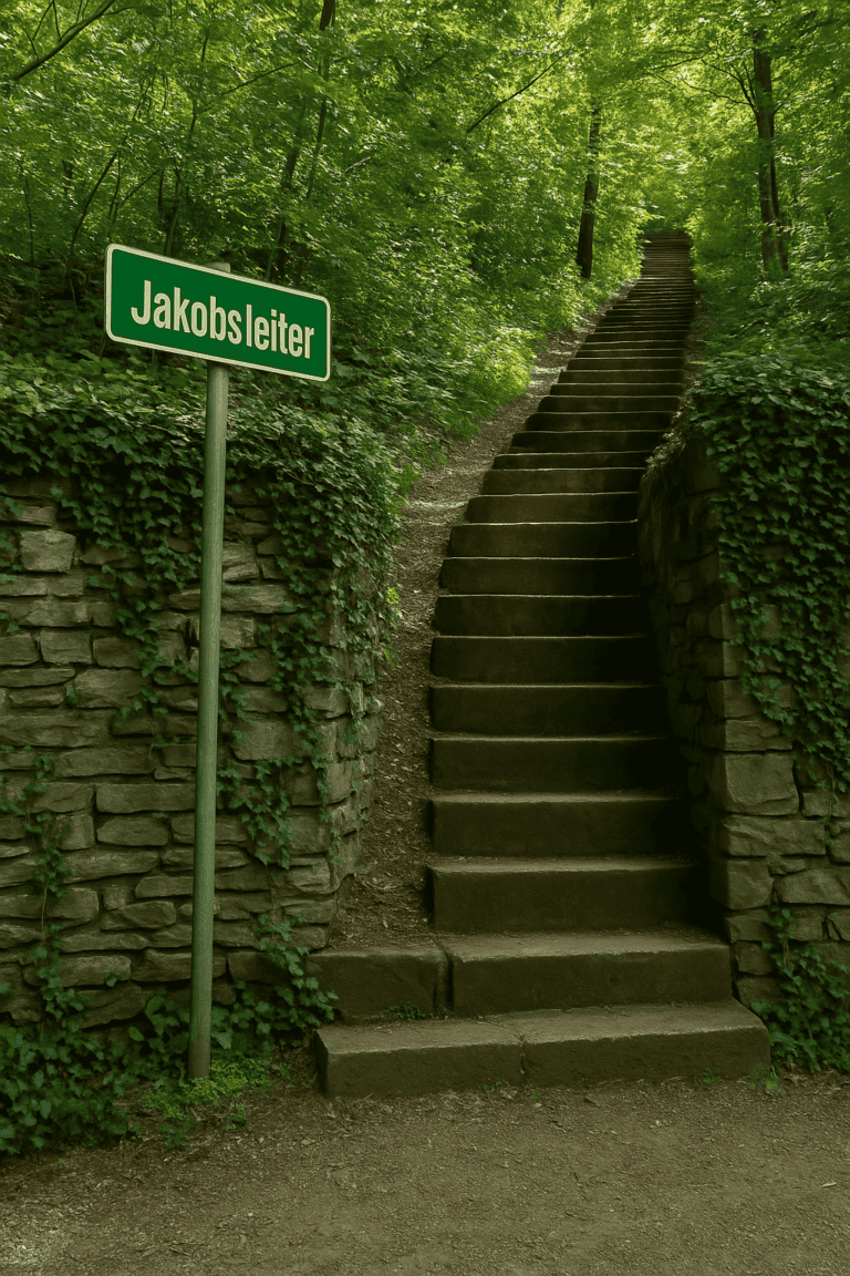 Historic Jacob's Ladder on the Reinerkogel in Graz-Andritz - stone forest staircase with green signposting, flanked by ivy walls and trees.